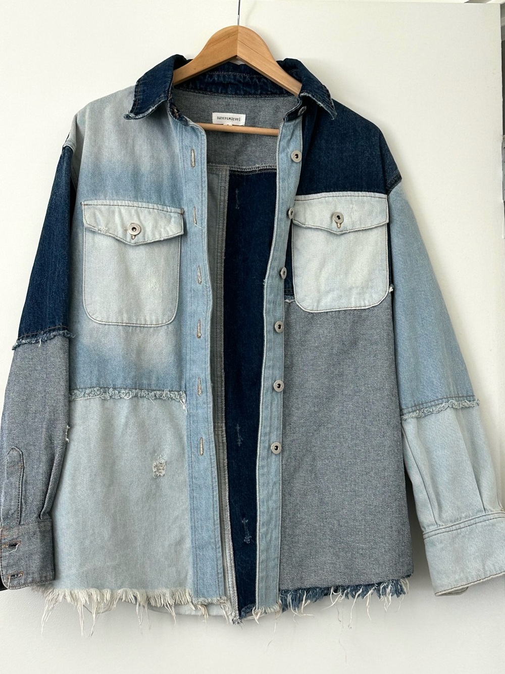 Dance & Marvel Longline Denim Jacket S Patchwork Distressed Boho Y2K Western
